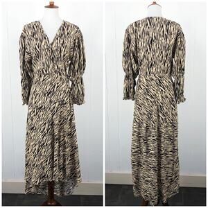 Bali ELF Made by Hand Midi Wrap Dress Smocked Puff Sleeves Size Large Tan Brown